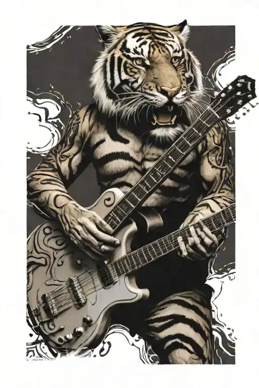 A realistic tiger playing a guitar with anime-inspired details tattoo design idea