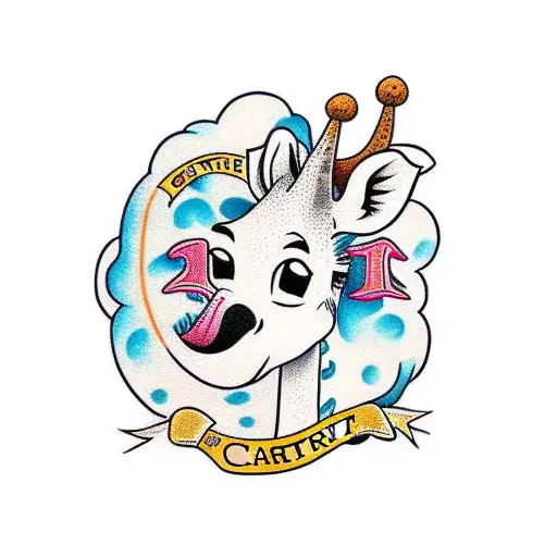 cartoon baby giraffe with script saying Carter and a birthdate of 03.16.2023 tattoo design idea