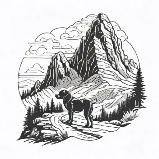 A majestic mountain landscape with a trail winding through it, incorporating a silhouette of a loyal dog walking alongside the hiker tattoo design idea