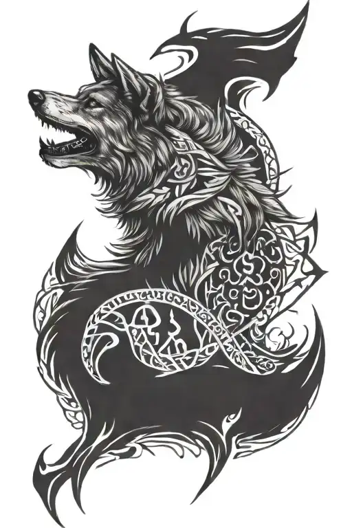friendly wolf, viking runes tattoo design idea