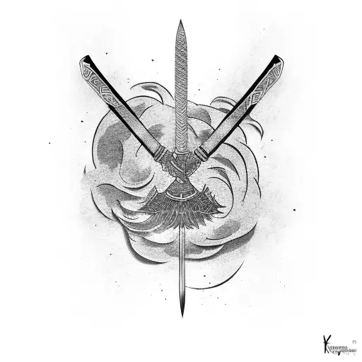 katana with plume with JAPENESE text tattoo design idea