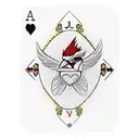 A cardinal in flight incorporated with a 5 cards: the 5 of hearts, the jack of hearts, the ace of hearts, king of hearts tattoo design idea