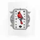 A cardinal in flight incorporated with a 5 cards: the 5 of hearts, the jack of hearts, the ace of hearts, king of hearts tattoo design idea