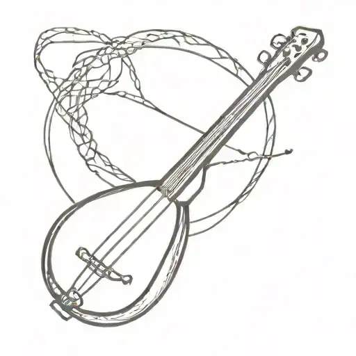 banjo intertwined with yarn and knitting needles forming tattoo design idea