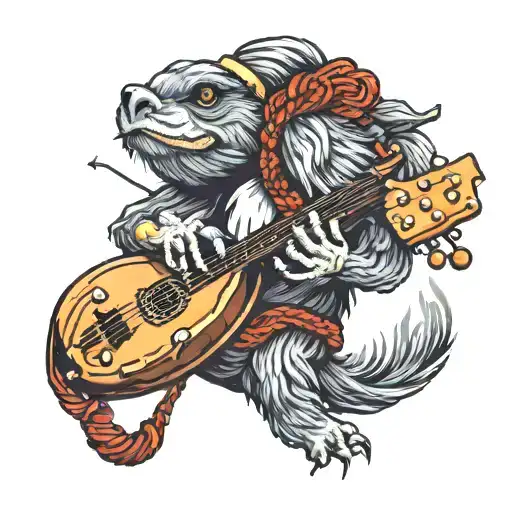 banjo intertwined with yarn and knittingneedles tattoo design idea
