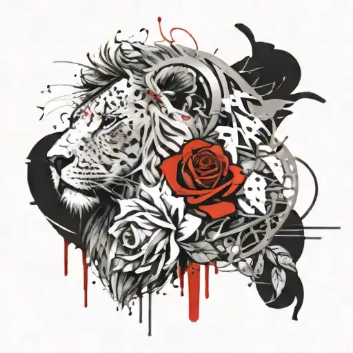 rose and lion face tattoo design idea