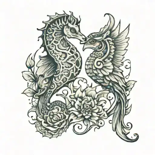 seahorse and owl tattoo design idea