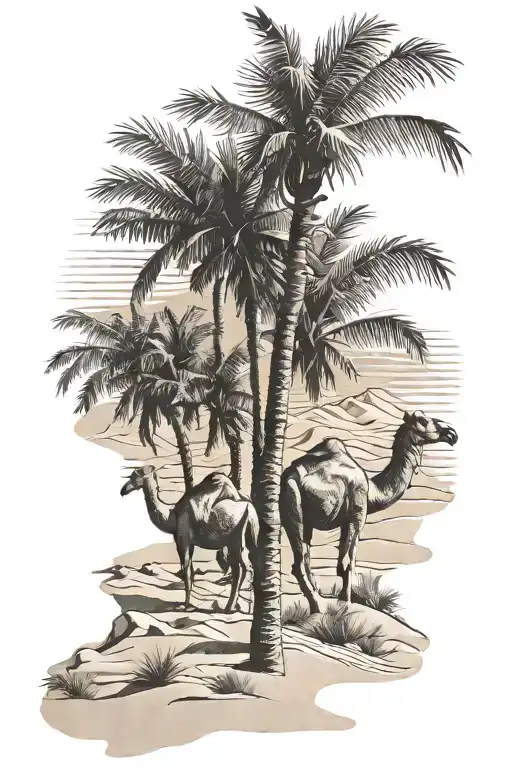 palm trees and sand dunes and camel tattoo design idea