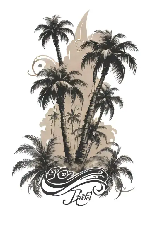 palm trees and arabic calligraphy tattoo design idea