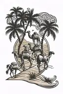 palm trees and sand dunes and camels above arabic calligraphy  tattoo design idea