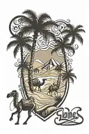 palm trees and sand dunes and camels above arabic calligraphy  tattoo design idea