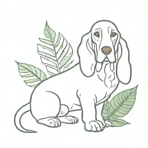 basset hound with monstera leaf intertwined tattoo design idea