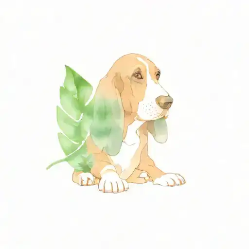 basset hound with monstera leaf intertwined tattoo design idea