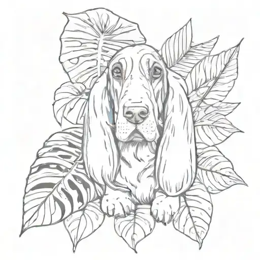 basset hound with monstera leaf intertwined tattoo design idea