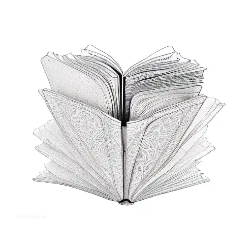 A stack of open books with intricate patterns emerging from their pages, representing the endless possibilities of imagination and learning tattoo design idea