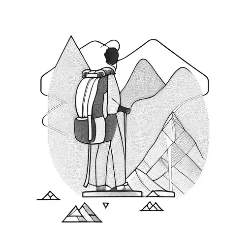 A silhouette of a traveler with a backpack standing on a mountain peak tattoo design idea