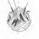 A silhouette of a traveler with a backpack standing on a mountain peak tattoo design idea