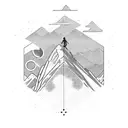 A silhouette of a traveler with a backpack standing on a mountain peak tattoo design idea
