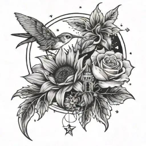 A celestial-themed tattoo with a sunflower, rose, hummingbird, butterfly, and cardinal depicted as stars in the night sky tattoo design idea