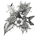 A celestial-themed tattoo with a sunflower, rose, hummingbird, butterfly, and cardinal depicted as stars in the night sky tattoo design idea