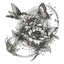 A celestial-themed tattoo with a sunflower, rose, hummingbird, butterfly, and cardinal depicted as stars in the night sky tattoo design idea