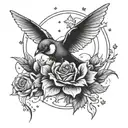 A celestial-themed tattoo with a sunflower, rose, hummingbird, butterfly, and cardinal depicted as stars in the night sky tattoo design idea