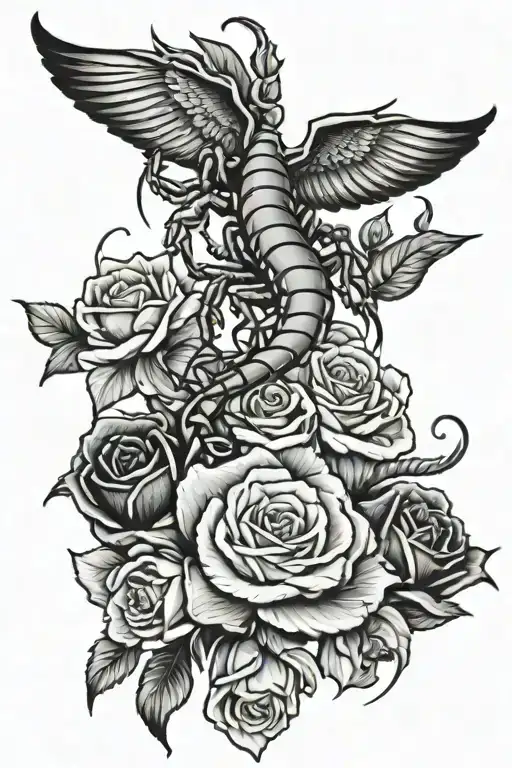 Scorpion, rose , wings , angel falling tattoo design idea