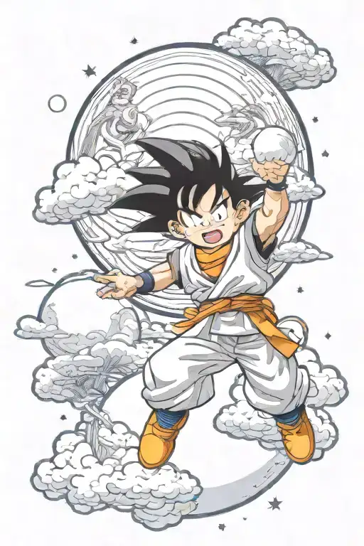 Kid Goku flying on flying cloud 4 star sphere, black and with, traço do akira toriyama, alta qualidade  tattoo design idea