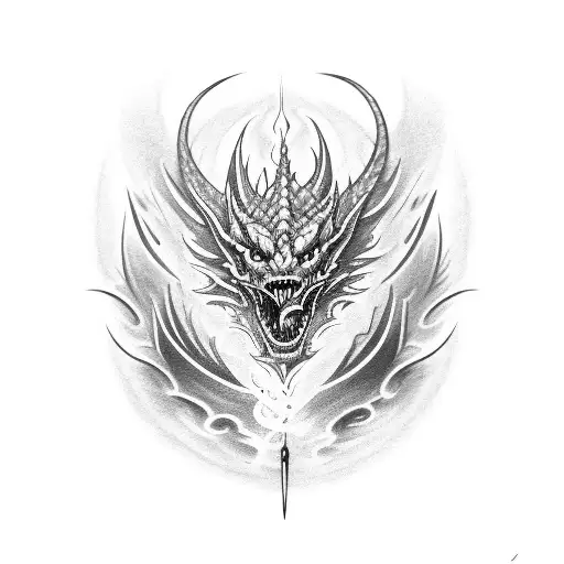 mistycal dragon with an eye, in movement, with smoke tattoo design idea