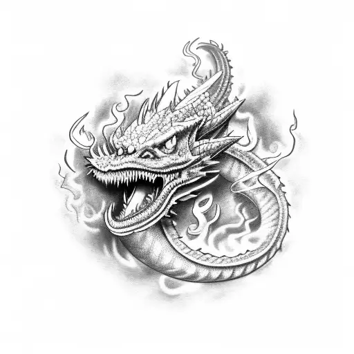 complete mistycal dragon with an eye, in movement, with smoke tattoo design idea
