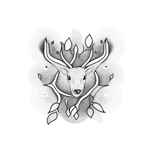 hert with an eye in the middle, with leaves, dots and lines tattoo design idea