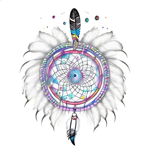 moving dreamcatcher, with feathers and some kind of dots, along tattoo design idea