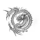 complete mistycal dragon with an eye, in movement, with smoke tattoo design idea
