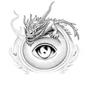 complete mistycal dragon with an eye, in movement, with smoke tattoo design idea