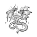 complete mistycal dragon with an eye, in movement, with smoke tattoo design idea