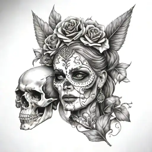 female face statue and skull tattoo design idea