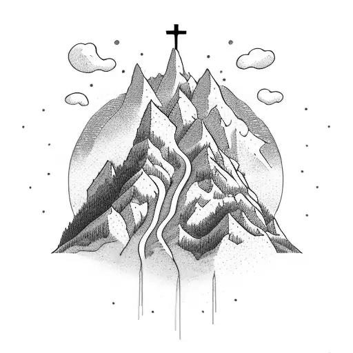 A serene mountain landscape with a cross incorporated into the scenery tattoo design idea