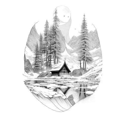 A serene mountain landscape with a cross incorporated into the scenery tattoo design idea