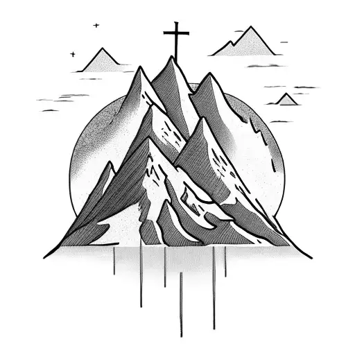 A serene mountain landscape with a cross incorporated into the scenery tattoo design idea
