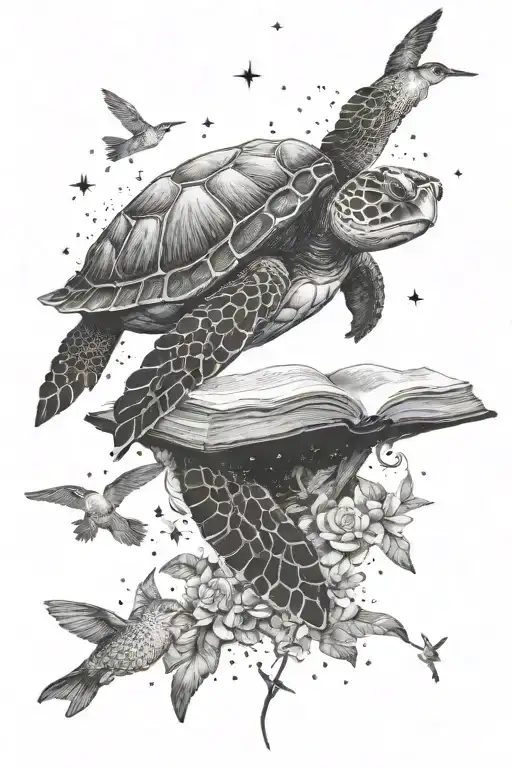 A sea turtle reading a book under a starry sky surrounded by hummingbirds tattoo design idea