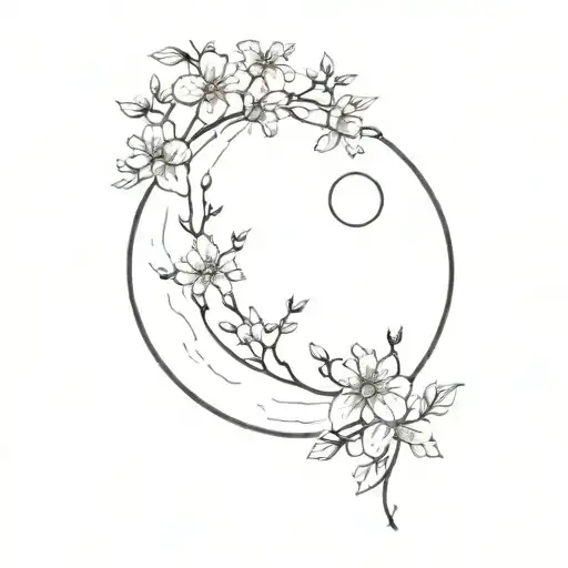 A minimalist tattoo of a full moon with a trail of blooming flowers tattoo design idea