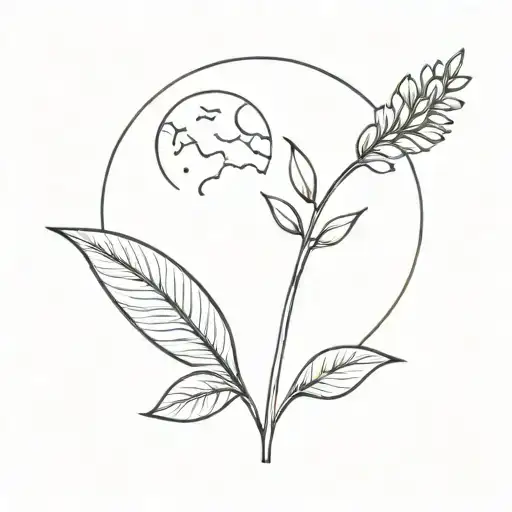 A minimalist tattoo of a small flower plant in front of a full moon tattoo design idea