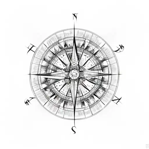 An intricate compass rose design with elements of a Norwegian fjord landscape tattoo design idea