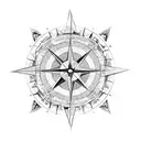 An intricate compass rose design with elements of a Norwegian fjord landscape tattoo design idea