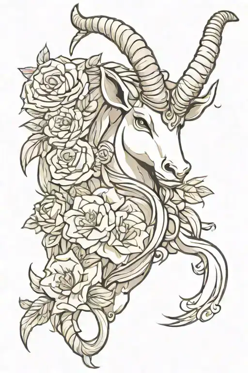 capricorn with flowers tattoo design idea