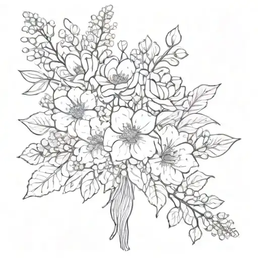 birth flower bouquet of march, april, may and july  tattoo design idea
