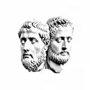 sculpture of Marcus Aurelius and Julius Caesar in marble form. their faces are split diagonally 1/2 Marcus 1/2 Ceasar tattoo design idea
