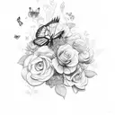 A black and grey sketch of a lawnmower surrounded by flowers and butterflies tattoo design idea