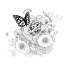 A black and grey sketch of a lawnmower surrounded by flowers and butterflies tattoo design idea