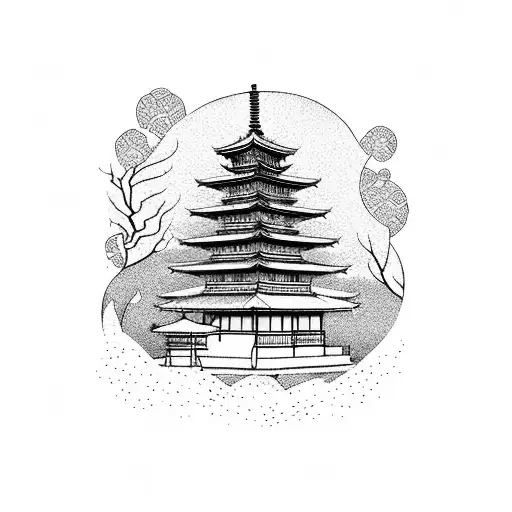 Japanese pagoda surrounded by cherry blossom trees tattoo design idea